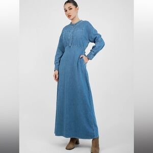FARES Blue Wash Soft Stretchy Long Sleeve Waist Tie Denim Maxi Dress